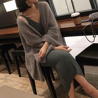 Set: Open-front Cardigan + Sleeveless Midi Knit Dress