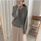 Long-sleeve V-neck Knit Top / High-waist Pleated Skirt