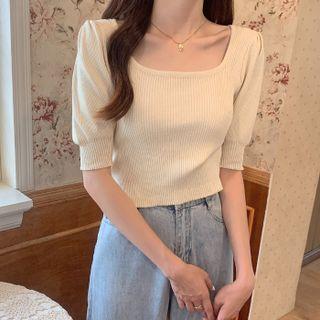 Square Neck Plain Puff Short Sleeve Skinny Short Sleeve Knit Top