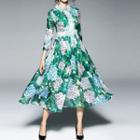 3/4-sleeve Floral Pleated A-line Midi Dress