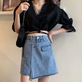 Puff-sleeve Cropped Chiffon Blouse / Mini A-line Denim Skort