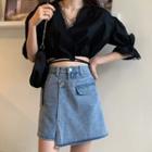 Puff-sleeve Cropped Chiffon Blouse / Mini A-line Denim Skort