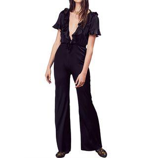 V-neck Ruffle Trim Short-sleeve Jumpsuit