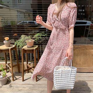 Ruffle-collar Tie-waist Floral Dress