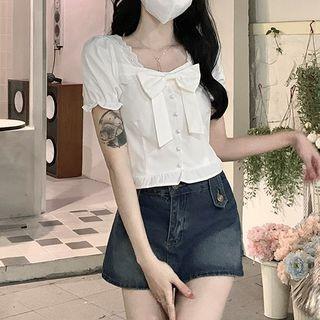 Bow Cropped Blouse / Denim Mini A-line Skort