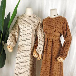 Corduroy Dotted Long-sleeve Midi A-line Dress