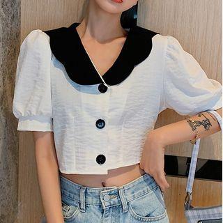 Contrast Collar Puff Sleeve Cropped Blouse