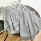 Set: Contrast Trim V-neck Cardigan + Knit A-line Skirt