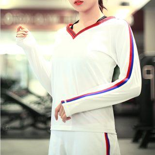 Striped V-neck Long-sleeve Sports Top