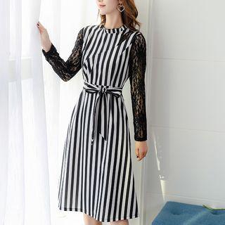 Lace Panel Striped Long-sleeve A-line Dress Stripes - Black & White - Xl