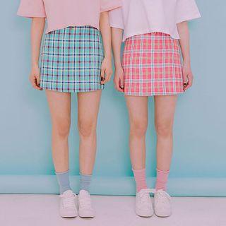 Heart-belted Check Mini Skirt