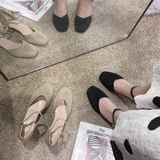 Square-toe Block Heel Knit Sandals