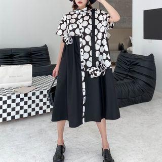 Mock Two-piece Short-sleeve Dotted Panel Dress Black - One Size