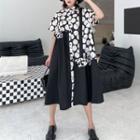 Mock Two-piece Short-sleeve Dotted Panel Dress Black - One Size