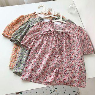 Floral Ruffle Trim Tie-strap Blouse