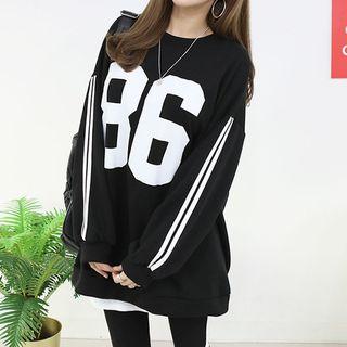 Brushed-fleece Lined Number Print Oversized Pullover