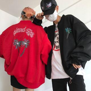 Couple Matching Coconut Tree Lettering Zip Jacket