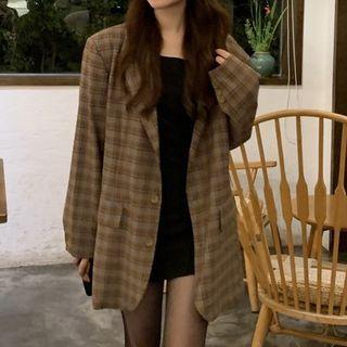Plaid Blazer / Plain Spaghetti Strap Mini Bodycon Dress