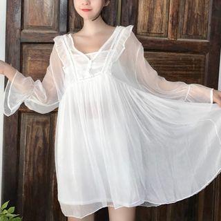 Set: V-neck Sheer Dress + Slipdress