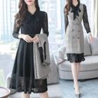 Set: Double Breasted Long Plaid Vest + 3/4-sleeve Lace Midi Dress