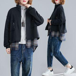 Mock-turtleneck Plaid Panel Zip Jacket Black - One Size