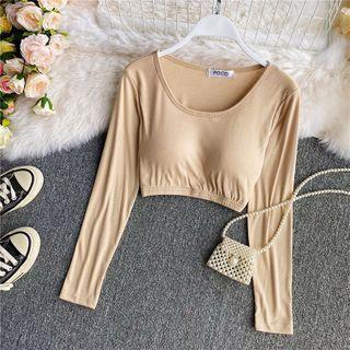 Plain U-neck Padded Long-sleeve Cropped Top