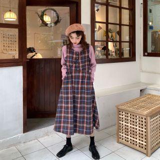 Mock-neck Long-sleeve Sweater / Plaid Sleeveless Dress
