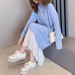 Ruffle Hem Midi Cable Knit Sweater Dress