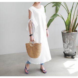 Cutout-shoulder Tie-detail Cotton Long Dress