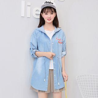 Letter Embroidered Hooded Long Denim Jacket