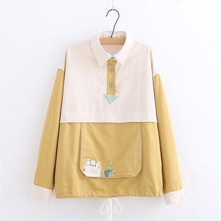 Cat Embroidered Polo-neck Two-tone Pullover