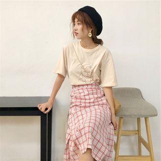 Print Short-sleeve T-shirt / Check Pencil Skirt