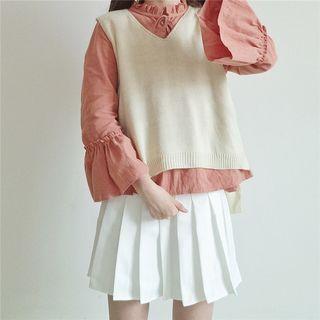 Plain Knit Vest / Tie-neck Blouse