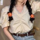Balloon-sleeve Faux Pearl Shirred Blouse