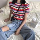 Short-sleeve Striped T-shirt / Ripped Wide Leg Jeans