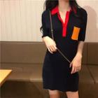 Color Block Elbow-sleeve Knitted Dress