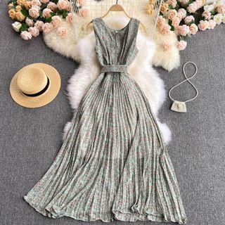 Sleeveless Floral Pleated Midi A-line Dress