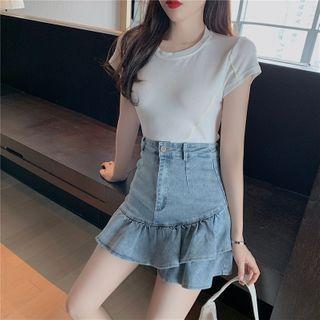 Plain Short-sleeve Top / High Waist Denim Skirt