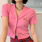 Short-sleeve Cherry Embroidered Button-up Top