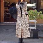 Long-sleeve Leopard Print Maxi A-line Dress