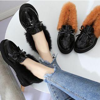 Fringed Furry Patent Platform Loafers
