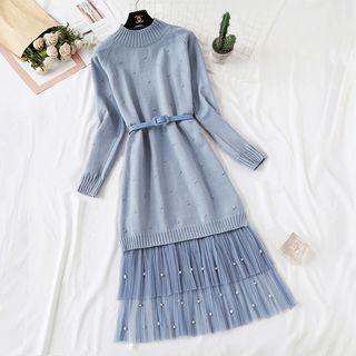 Set: Dotted Long-sleeve Knit Dress + Faux Pearl Mesh Midi A-line Skirt