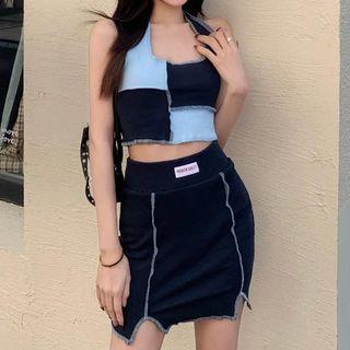 Set: Two-tone Cropped Halter Top + Mini Pencil Skirt