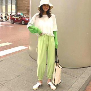 Mock Two Piece Color Block T-shirt / Elastic Cuff Pants