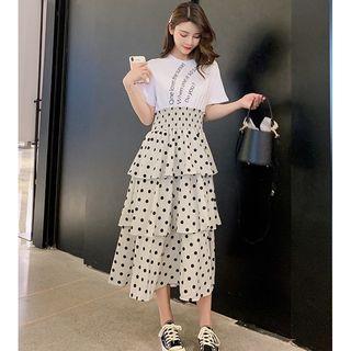 Short-sleeve Mock Two-piece Tiered Dress Almond - One Size