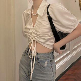 Short-sleeve Satin Cropped Blouse White - One Size