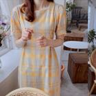 Square-neck Checked Tie-waist Dress Yellow - One Size