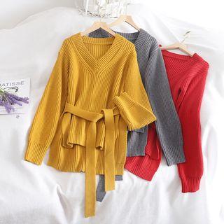 V-neck Side-slit Tie-waist Long-sleeve Sweater