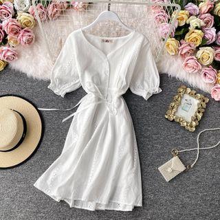Tie-waist V-neck Short-sleeve Dress White - One Size