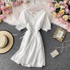 Tie-waist V-neck Short-sleeve Dress White - One Size